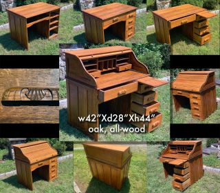 Oak Roll Top Desk,  All - Wood