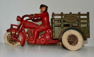 Antique/Vintage Hubley INDIAN MOTORCYCLE TRAFFIC CAR,  red and green.  Head bobs. 2