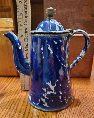 Vintage Antique Blue White Swirl Enamel Coffee Tea Pot Cowboy Kettle 8 " Large
