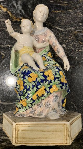 Rare Antique Angelo Minghetti Bologna Majolica Figurine Of Mother & Child Signed