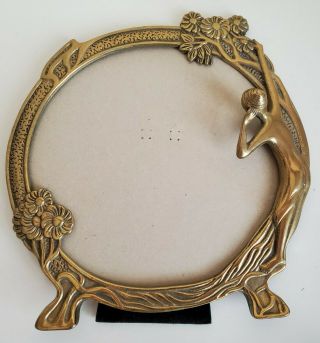 Vintage Brass Art Nouveau Round Frame For Photo Or Mirror Woman Flowers