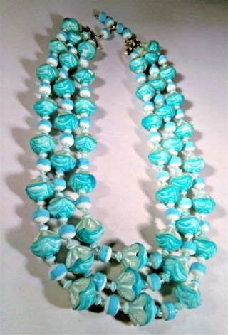 Vintage Baby Blue Frosted White Overlay Bead Necklace 3 Strand Hong Kong Unique