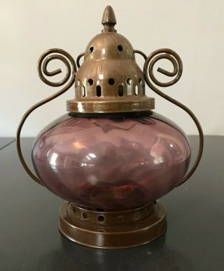 Older Metal Hanging Candle Holder Lantern With Purple Glass Globe