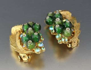 Vintage 50’s Green Crystal Glass Rhinestone Bead Clip Earrings Bsk