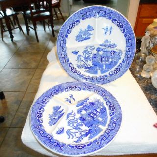Vintage Pair Blue Willow Divided Grill Plates - Petrus Ragout Holland