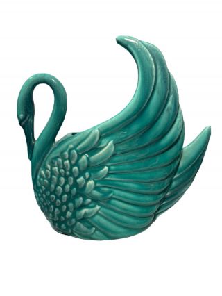 Vintage Royal Haeger Art Pottery Swan Vase Matte Turquoise Green 7.  5”