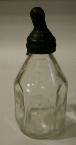 Vtg Pyrex Glass Baby Bottle W/rare Pull - On Nipple - 4 Oz - Usa