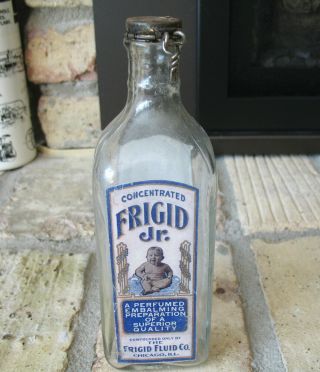 Antique Frigid Fluid Jr.  Embalming Glass Bottle Chicago Mortuary Morgue Casket