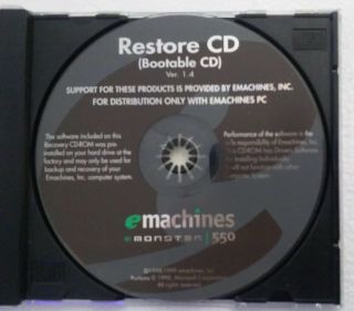 Vintage Restore Cd Bootable Ver 1.  4 Emachines Pc Emonster 550 1998 1999 Monster