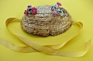 Vintage Terri Lee Doll Hat - Woven Straw With Flowers And Ribbon Tie - 16 " Doll Size