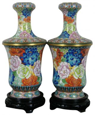 Pair 20th Century Jingfa Chinese Cloisonne Enamel Vase & Stands Floral Peony
