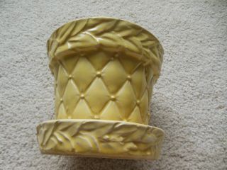 Vintage Mccoy Yellow Quilt Pattern With Leaves Flower Pot With Dish 6 Inch