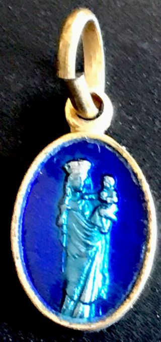 Vintage Catholic St Anne De Beaupre Blue Enamel 2 Sided Tiny Religious Medal