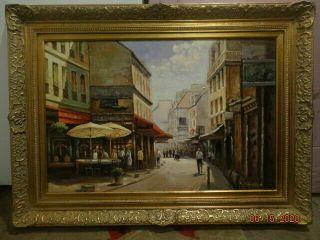 Vintage Large Oil Painting On Canvas " City " By Artist R.  Bernard