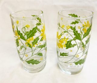 2 Vintage Libbey ? Drinking Glasses Tumblers White & Yellow Floral Design
