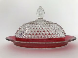 Vintage Indiana Glass Ruby Flash Cranberry Red Diamond Point Oval Butter Dish
