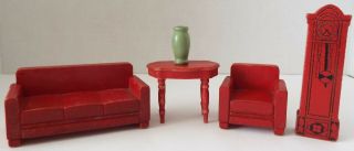 Strombecker Vintage Dollhouse Red Living Room Set Sofa Chair Table Clock Vase