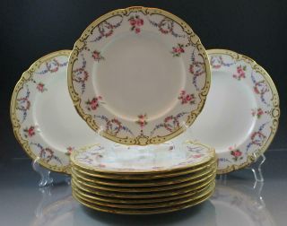 Antique Minton For Tiffany & Co Porcelain Set Of 10 Plates 9 " Rose Swags & Gold