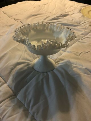 Vintage Fenton Silvercrest White Milk Glass Pedestal Vase Ruffle Trim Bowl