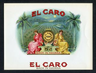 Old El Caro Cigar Label - Two Women,  Tobacco Plantation,  Gold Trim