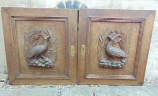 Pair Antique French Solid Oak Hand Carved Wooden Hunter Cabinet Doors Panels