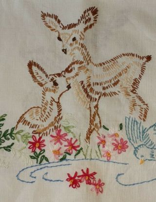 Vintage Deer Bird Flower Table Runner Hand Stitched Country Farmhouse Bambi Deco