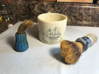 Vintage Early American Old Spice Ship Friendship Shaving Mug & 2 Brushes