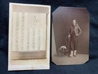 Antique Tintype Photo Civil War Zouave Soldier & Dog Cdv Of Battle Flag Pa