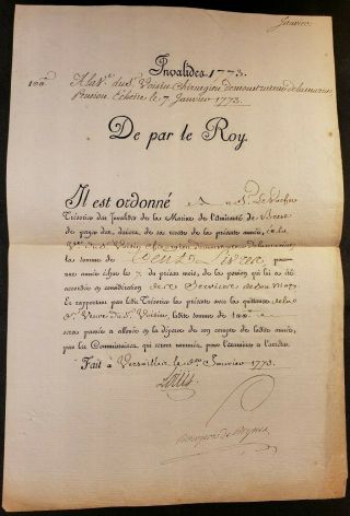 King Louis Xv Autograph On The Marine Pension Payment Order - January 31,  1773