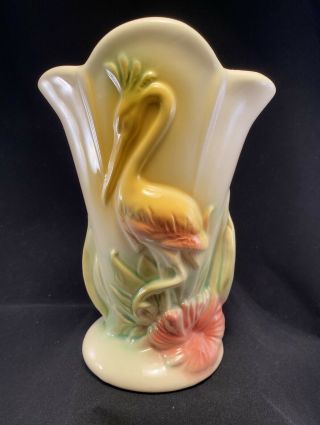 Vtg Hull Pottery Mcm Vase Crane Flamingo Egrit Tropical Hibiscus 9 Inch Glossy