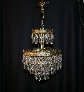 Antique Vintage French Crystal Chandelier Brass Ceiling Lamp 1950 