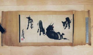 Old Chinese Brush B/w Painting “4 Donkeys” 100 Hand Painted By Huang Zhou