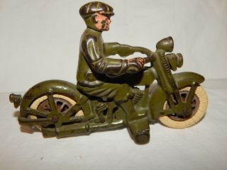 Antique Hubley Cast Iron Harley Davidson Motorcycle Toy & Rider 6 " Long.  Green