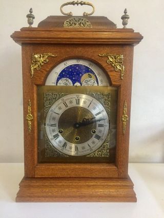 Vintage Large Oak Cased Triple Chime Mantle Clock By Hermle 9 Rods/9 Hammers.
