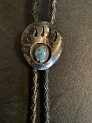 Vintage Native American Navajo Sterling Bear Paw Turquoise Bolo Tie Silver Tips
