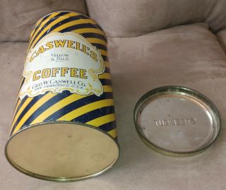 Vintage CASWELL ' S YELLOW & BLUE Coffee Tin Metal 3 Pounds Can Empty 1924 3