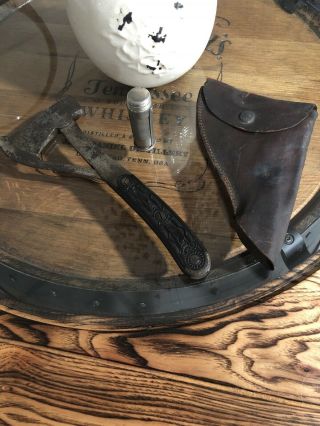 Antique Marbles Safety Ax Hatchet Hound & Hare Handle W/sheath & Match Holder