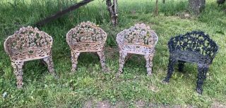 Antique Victorian Cast Iron Garden Chair Grapevine Design - Set Of 5
