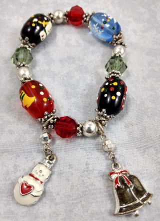 Handmade Christmas Charm Bracelet Snowman Glass Painted Beads Xmas Art Vtg