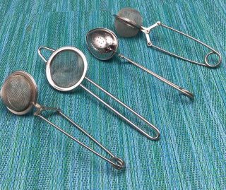 4 Vintage Tea Infusers Strainers 3 Spoon Style & 1 Mini Strainer Metal