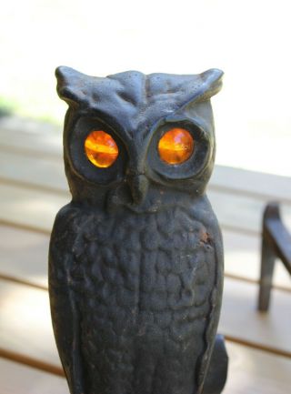 Antique Pair Cast Iron Owl Fireplace Andirons W/amber Glass Eyes