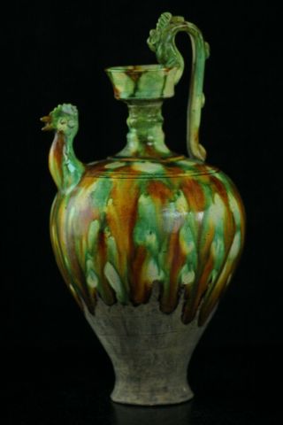 Aug006f Chinese Tangsancai Glaze Pottery Chiken Head Bottle Ewer Water Jug B6