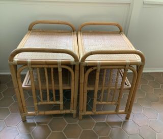 Vintage Pair Mid Century Rattan Rectangular Side Tables Two Level