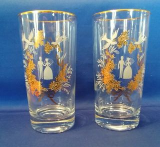 Vintage Wedding Glasses - Pair - Bride & Groom - Gold Trim & Decoration - Libbey