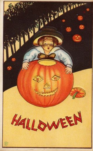 Vintage " Halloween ",  With Child,  Pumpkins,  In Black Forest,  " Series 57,  B "