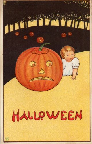Vintage " Halloween ",  With Child,  Pumpkins,  In Black Forest,  " Series 57,  A "