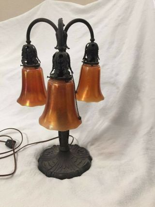Antique Bronze Lily Style Lamp With 3 Nuart Glass Shades
