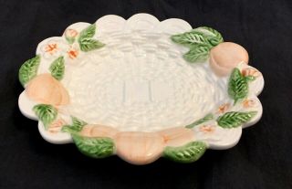 Vintage White Ceramic Oval Soap Dish Basket Weave Peach Floral
