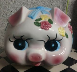 Vintage Large Pink Ceramic Piggy Bank With Flowers Marked Cardia