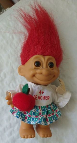Vintage Russ Troll Doll A,  Teacher RED Hair 4” Gift Apple Ruler Berrie 18435 2